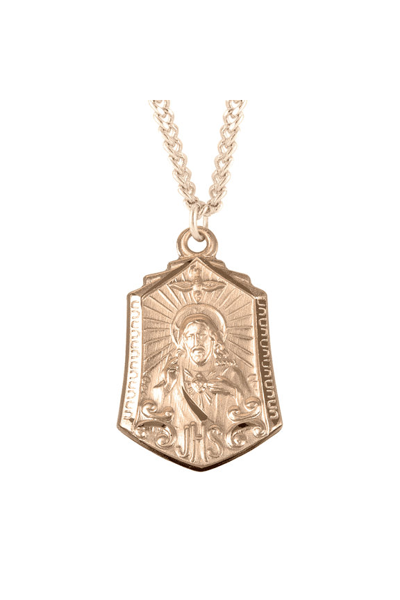 16kt Gold Plated Sterling Silver Scapular Sacred Heart of Jesus Medal Pendant, 24" Gold Plated Stainless Steel Chain Necklace Hand Polished Made in USA - Deluxe Velvet Gift Box