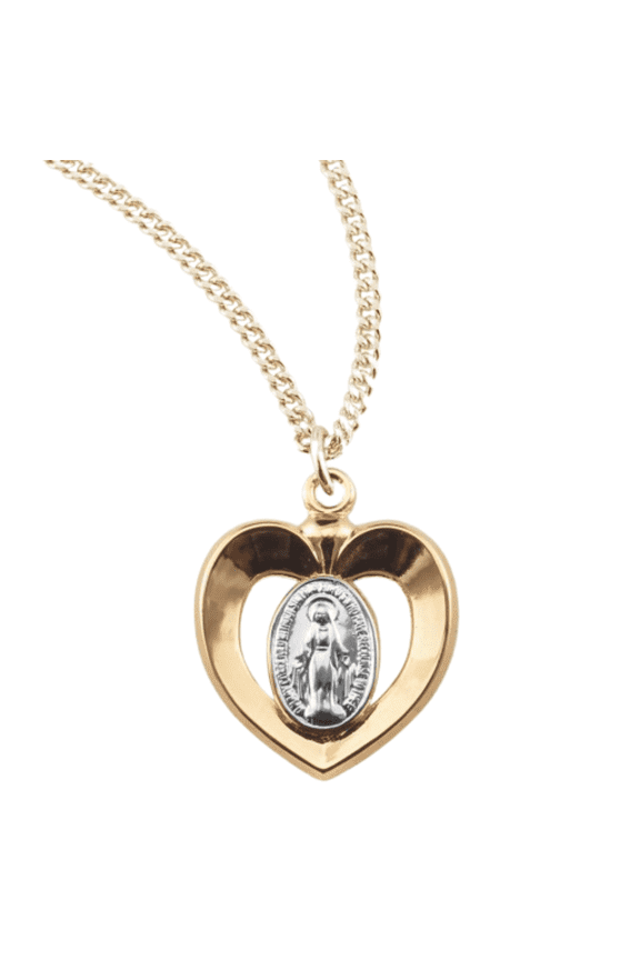 16kt Gold Plated Sterling Silver Two-Tone Miraculous Medal, Inlaid Heart, 18" Gold Plated Stainless Steel Chain Necklace, Made in USA - Deluxe Velvet Gift Box