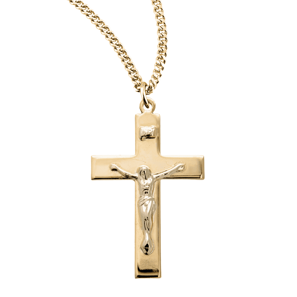 16kt Plated Sterling Silver Angle Edged Cross Pendant Necklace, 24" Gold Plated Stainless Steel Chain - Made in USA - Deluxe Velvet Gift Box