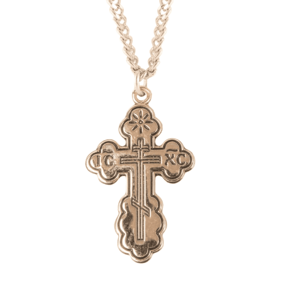 16kt Plated Sterling Silver Byzantine", Style Cross with Black Enamel, Solid Sterling Silver, 18" Gold Plated Stainless Steel Chain Necklace - Made in USA - Deluxe Velvet Gift Box