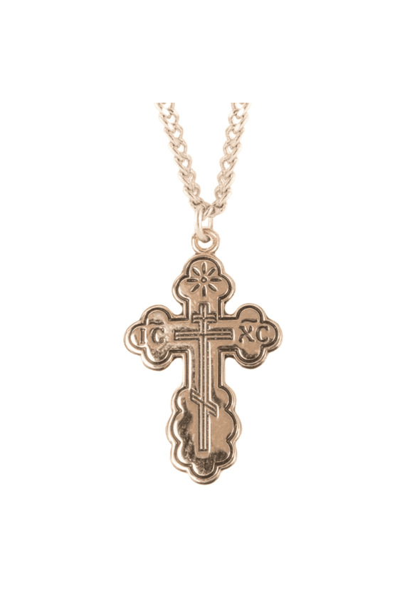 16kt Plated Sterling Silver Byzantine", Style Cross with Black Enamel, Solid Sterling Silver, 18" Gold Plated Stainless Steel Chain Necklace - Made in USA - Deluxe Velvet Gift Box