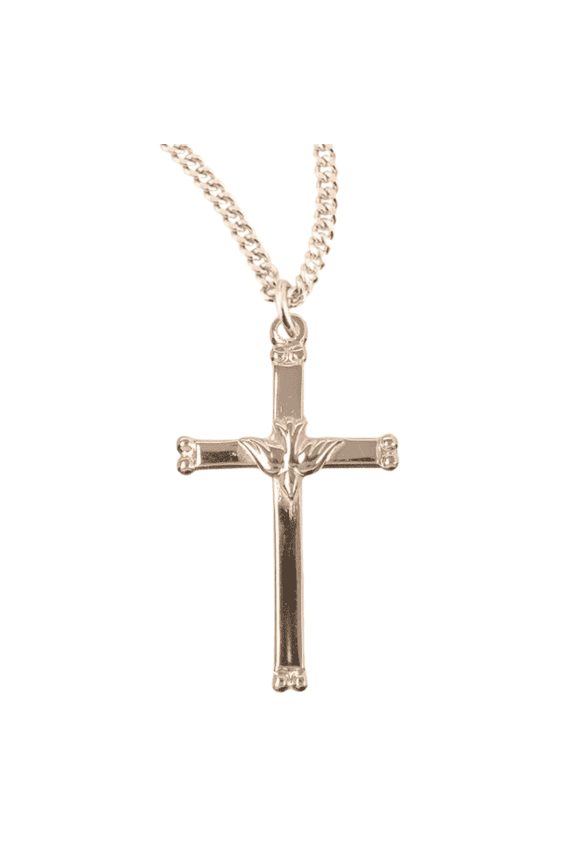 16kt Plated Sterling Silver Cross with Holy Spirit, Sterling, Elegant Holy Spirit Pendant Necklace, 18" Gold Plated Stainless Steel Chain - Made in USA - Deluxe Velvet Gift Box