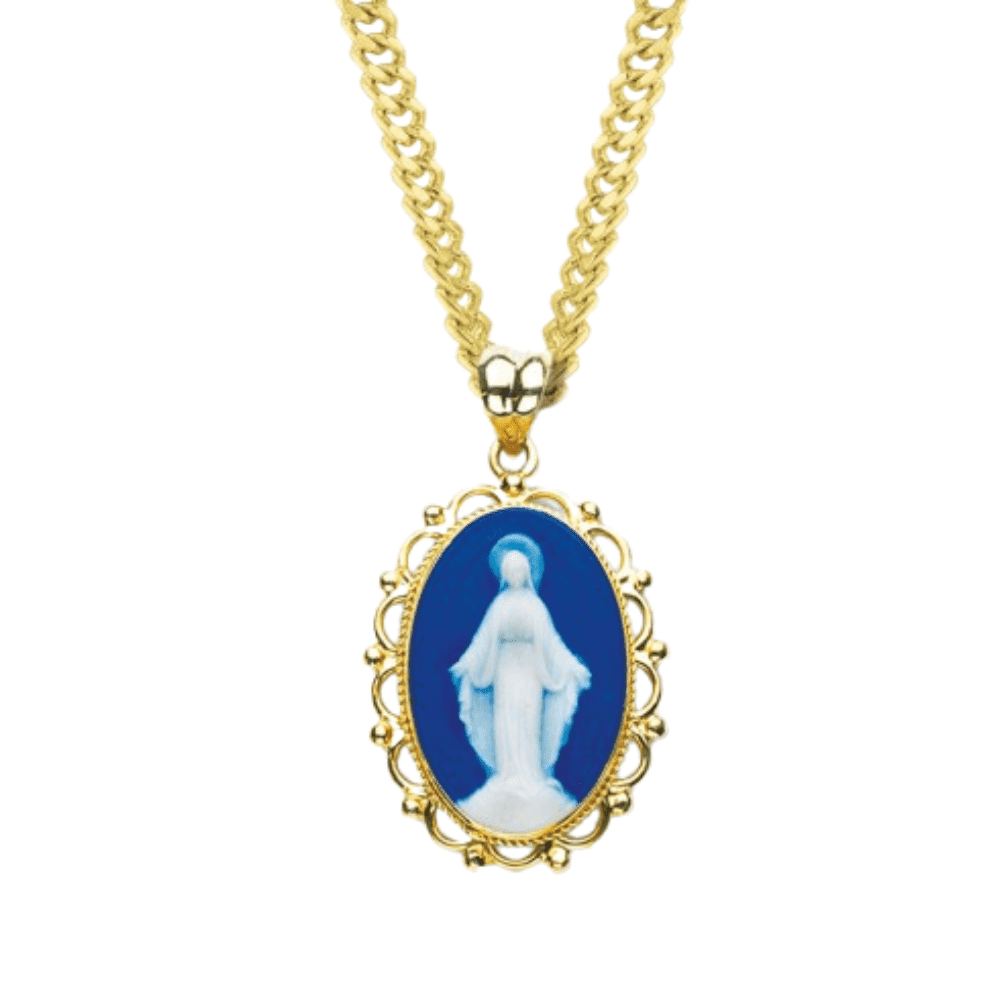 16kt Plated Sterling Silver Dark Blue Cameo Miraculous Medal Necklace ...