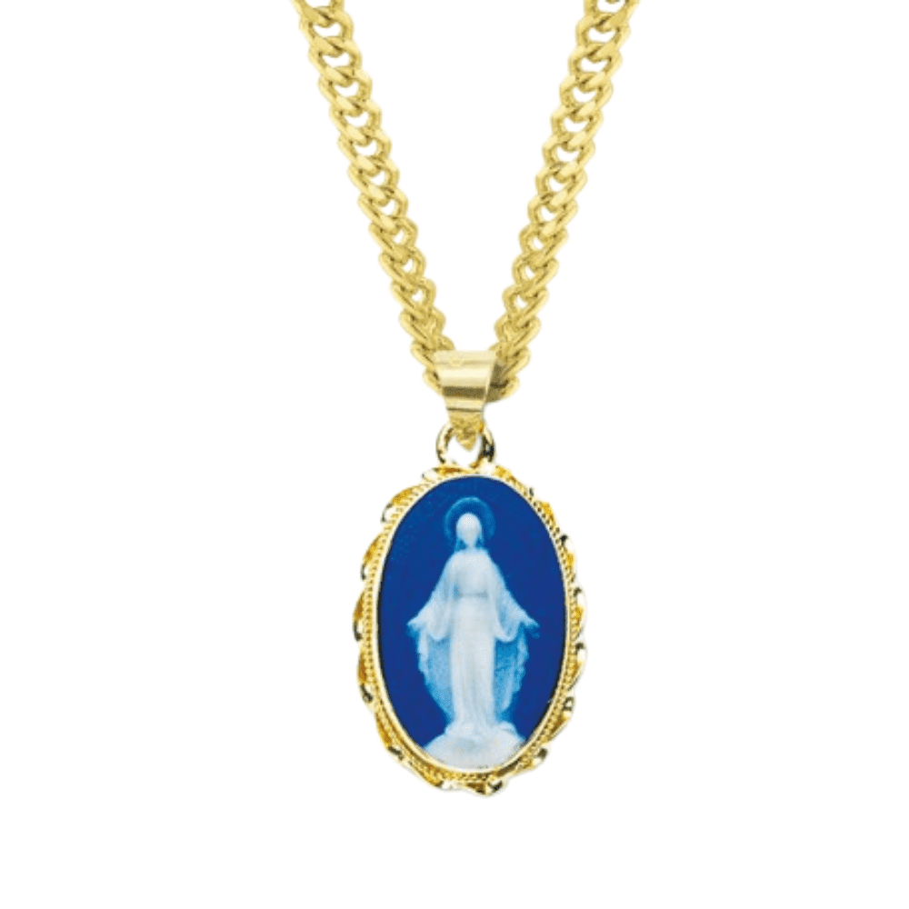16kt Plated Sterling Silver Dark Blue Miraculous Mary Cameo Pendant ...