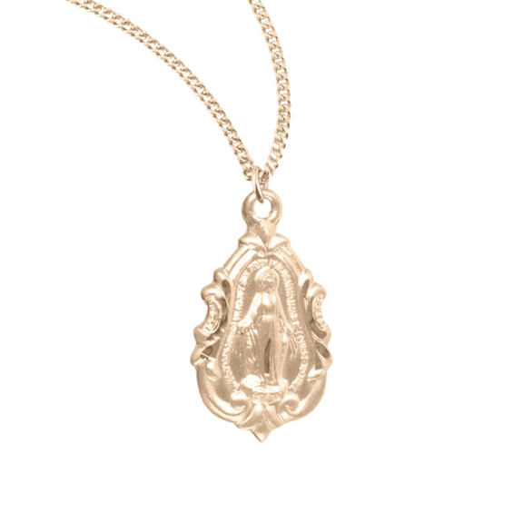 16kt Plated Sterling Silver Fancy Baroque Miraculous Blessed Mother Mary Medal Necklace 18" Gold-Plated Chain Hand Polished – Made in USA – Deluxe Velvet Gift Box Included