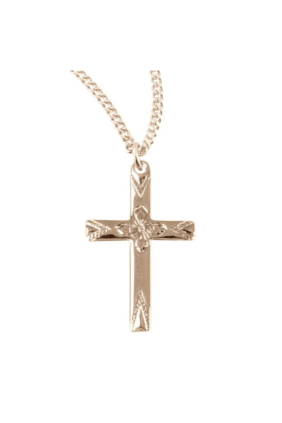 16kt Plated Sterling Silver Fancy Cross, Flower Center Design, 18" Gold Plated Stainless Steel Chain Necklace - Hand Polished - Made in USA - Deluxe Velvet Gift Box