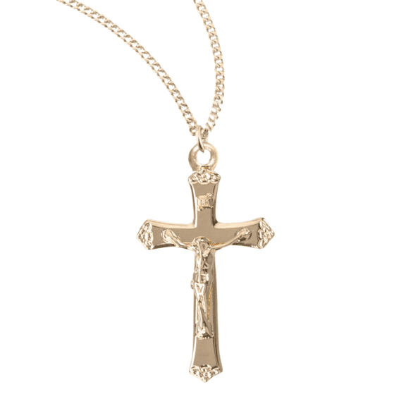 16kt Plated Sterling Silver Flare Tipped Crucifix Pendant Necklace, 18 Rhodium Plated Stainless Steel Chain - Made in USA - Deluxe Velvet Gift Box