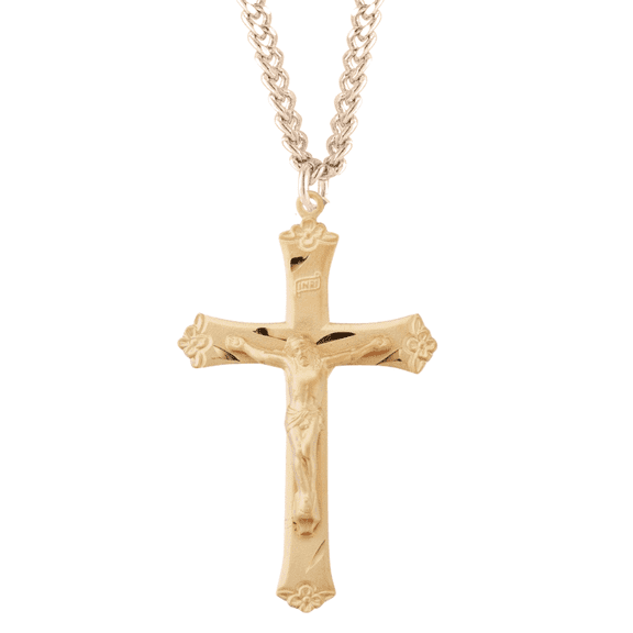 16kt Plated Sterling Silver Flower Tipped Crucifix Pendant Necklace, 24 Rhodium Plated Stainless Steel Chain - Made in USA - Deluxe Velvet Gift Box