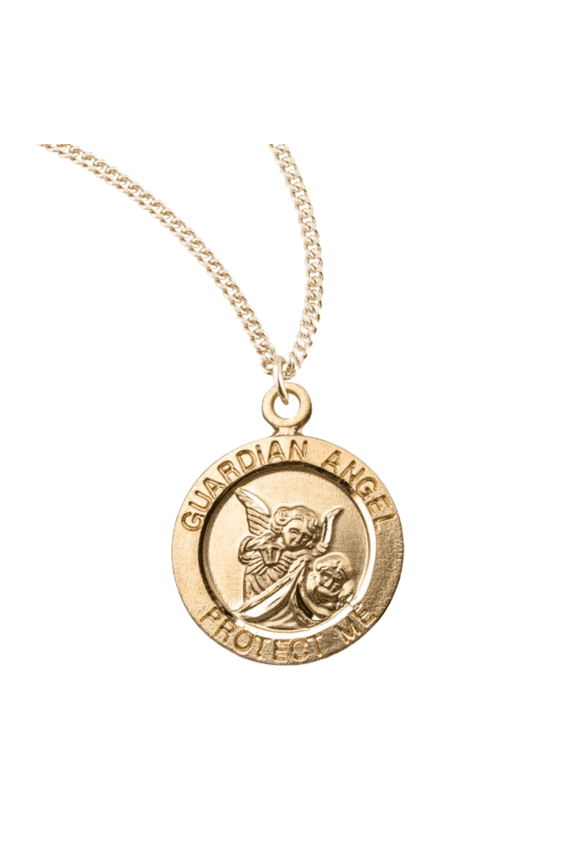 16kt Plated Sterling Silver Guardian Angel Small Round Pendant Necklace  Medal  18" Gold Plated Stainless Steel Chain - Made in USA - Deluxe Velvet Gift Box