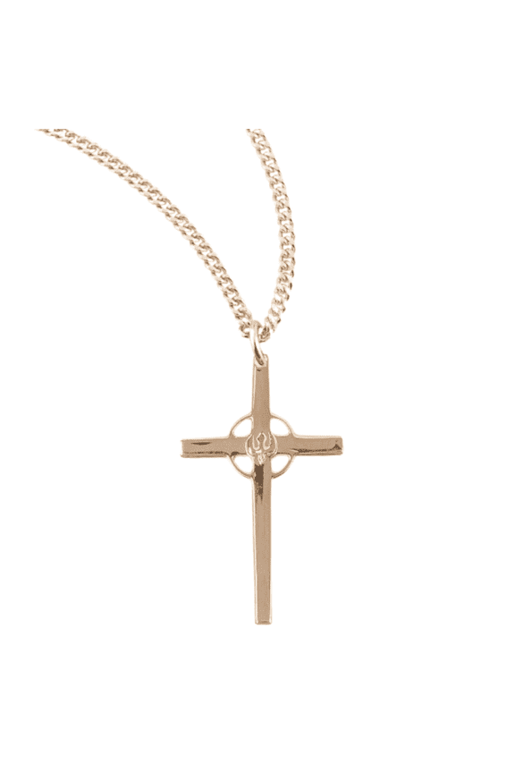 16kt Plated Sterling Silver High Polished Holy Spirit Cross with Pierced Halo, 18" Gold Plated Stainless Steel Chain Necklace - Made in USA - Deluxe Velvet Gift Box