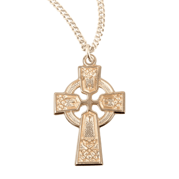 16kt Plated Sterling Silver Irish Celtic Cross Pendant with Celtic Knot Design, 18" Gold Plated Stainless Steel Chain Necklace- Made in USA - Deluxe Velvet Gift Box