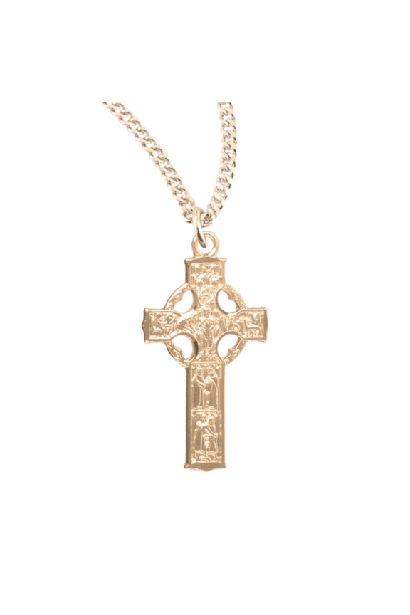16kt Plated Sterling Silver Irish Celtic Cross Pendant Necklace, Solid Sterling Silver, 18" Gold Plated Stainless Steel Chain- Hand Polished - Made in USA - Deluxe Velvet Gift Box
