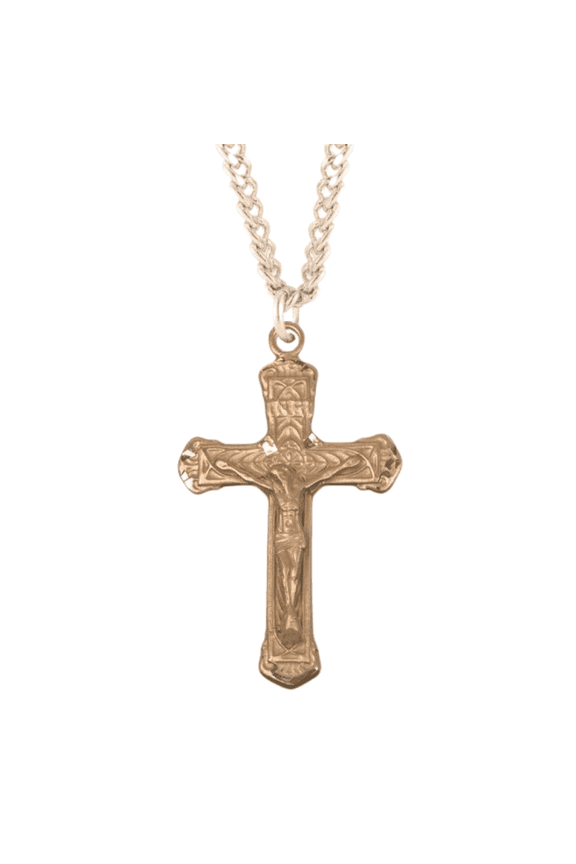 16kt Plated Sterling Silver Med Vine Design Cross Pendant Necklace with 20" Gold Plated Stainless Steel Chain - Made in USA - Deluxe Velvet Gift Box