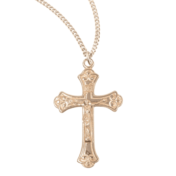 16kt Plated Sterling Silver Swirled Crucifix Pendant Necklace, Sterling Silver, 1.1 x 0.7" 18" Gold Plated Stainless Steel Chain - Made in USA - Deluxe Velvet Gift Box