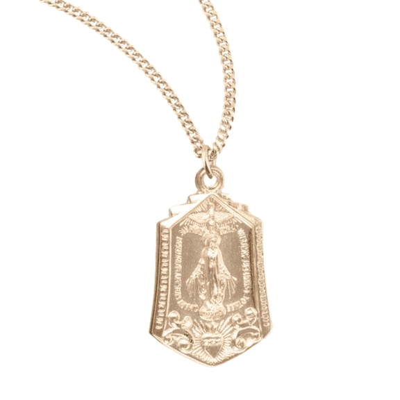 16kt Plated Sterling Silver Unique Double-Sided Miraculous Mary Blessed Pendant Medal Necklace 18" Gold Plated Stainless Steel Chain – Made in USA- Deluxe Velvet Gift Box