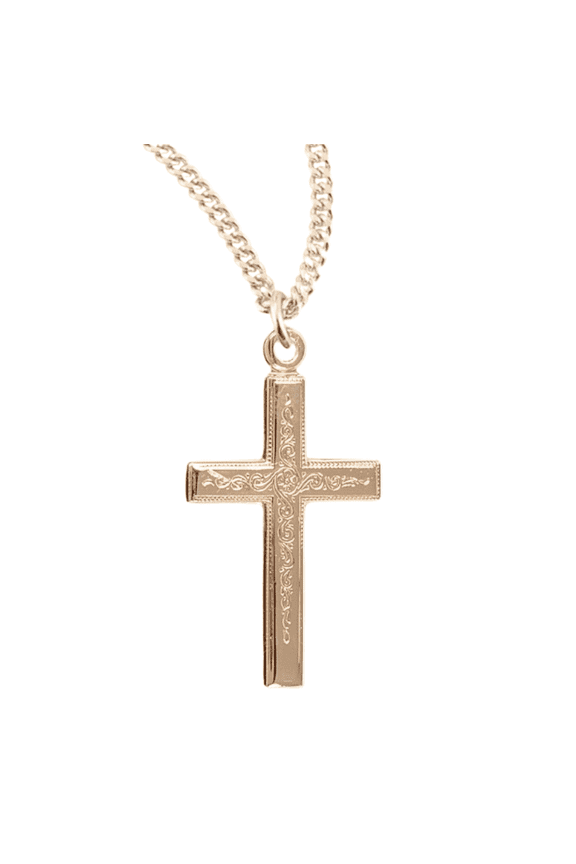 16kt Plated Sterling Silver Vine Pattern Cross, High Polished with Flower Center, 18" Gold Plated Stainless Steel Chain Necklace- Hand Polished - Made in USA - Deluxe Velvet Gift Box