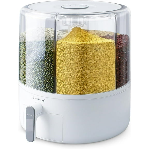 16lb Grain Dispenser 6 Grid Grain Container, 360? Rotating Dry Dispenser, Airtight Storage, 6 Compartment Rotating Grain Dispenser Storage Container