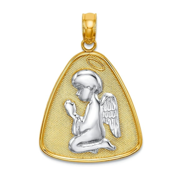 16mm 14k Two-tone Gold Religious Guardian Angel Praying With Halo Triangle Disc Two-color Charm Pendant Necklace for Wom