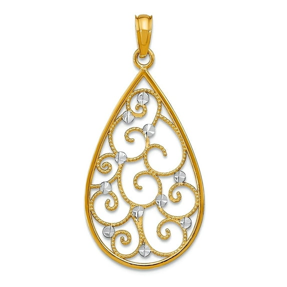 16mm 14k Two-tone Gold Teardrop With Beaded Filigree and White Sparkle-Cut Dots Cut-out Charm Pendant Necklace for Women