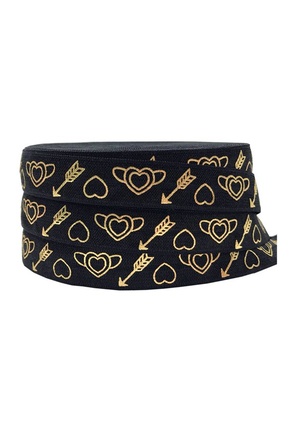 16mm Arrow Heart Printed Fold Over Elastic Ribbon Gold Foil Elastic Band Handmade Hair Accessories Decoration 10yards