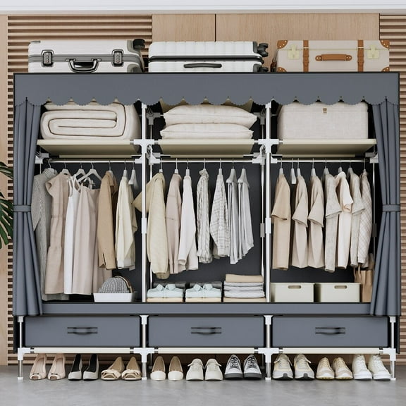 59Inch Portable Wardrobe Closet, 3 Storage Spaces with 3 Hanging Rods,3 Drawers，Steel Frame Fabric Organizer, Easy Assembly and Dust Resistant Design, Gray