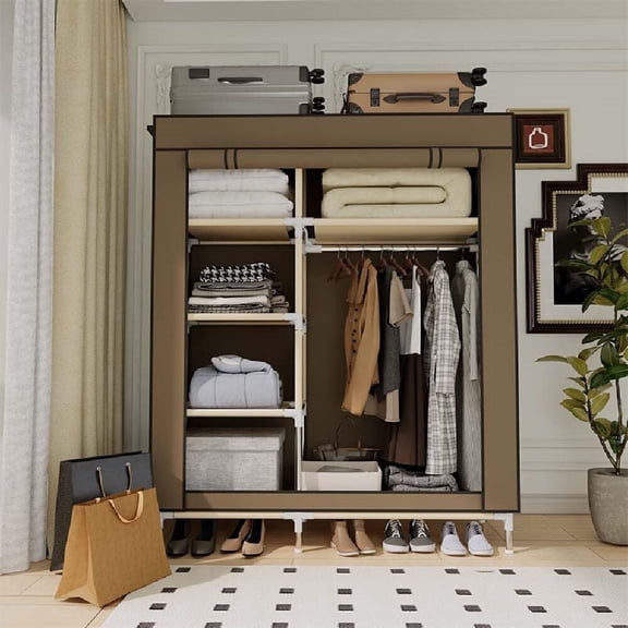 ArluKin Portable Closet Storage Organizer Clothes Wardrobe Shoe Clothing Rack Shelf Dustproof Non-woven Fabric, Quick and Easy to Assemble, brown