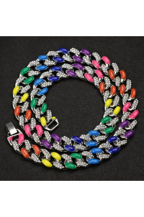 16mm Mens Cuban Link Chain Hip Hop Rapper Necklace Rainbow Rhinestones Bracelet