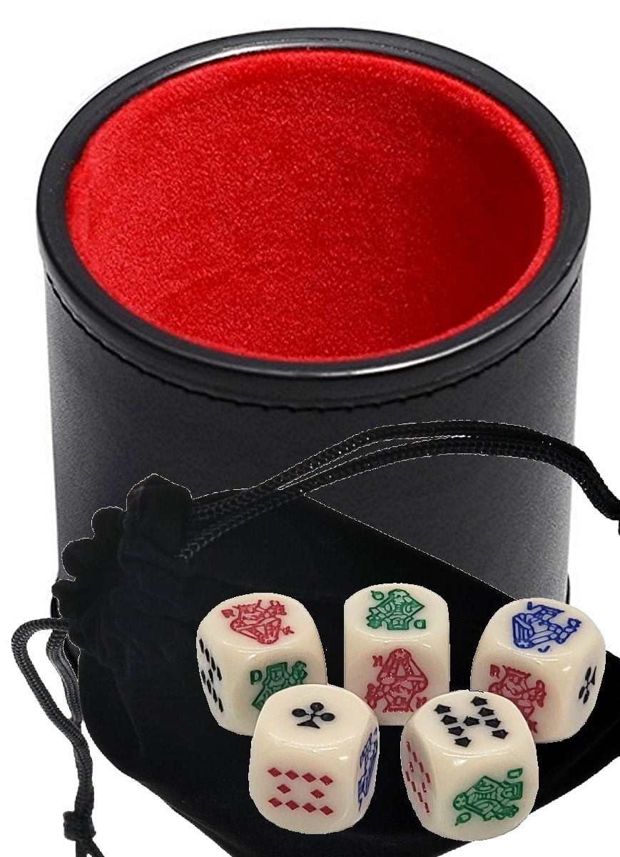 16mm Poker Dice Ivory Tone Rounded Corners with Storage Pouch, Bundled in Black PU Leather Dice Cup Plush Red Felt Lined