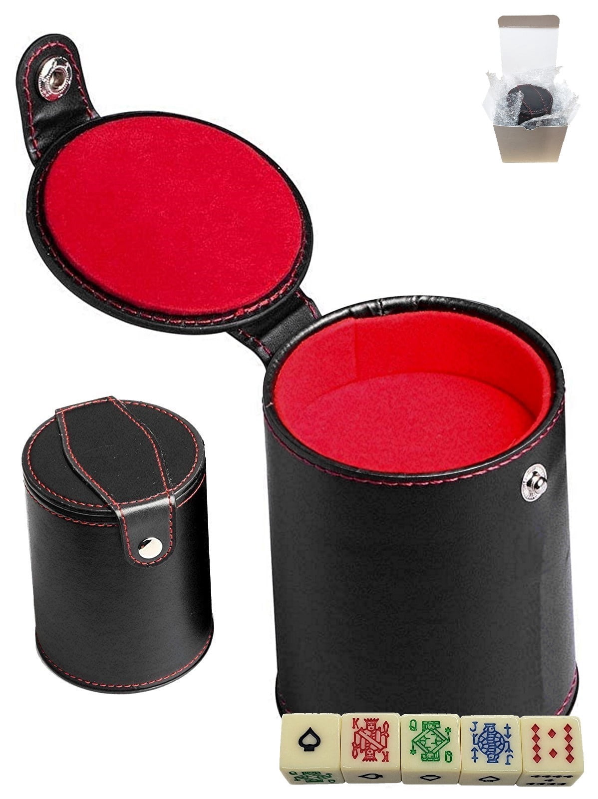 Cyber-Deals Set Of 16mm Poker Dice White "Clubs" Ace And Black PU Leather Red Felt Lined Dice Cup With Storage Compartment Gift Boxed