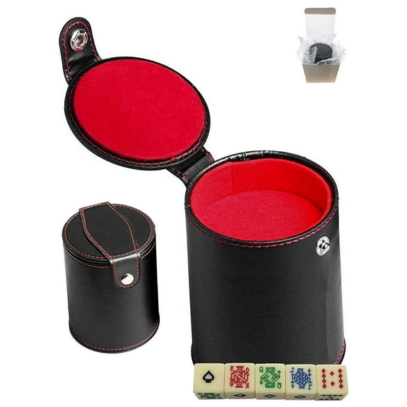 16mm Poker Dice Ivory Tone and Black PU Leather Red Felt Lined Dice Cup with Storage Compartment