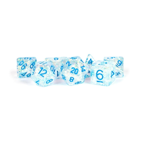 16mm Resin Flash Dice Poly Dice Set: Clear with Light Blue Numbers