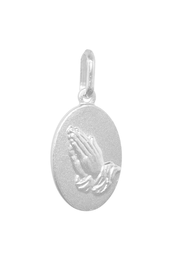 16mm Sterling Silver Praying Hands Medal Necklace 5/8 inch Oval Nickel Free Italy with Stainless Steel Chain