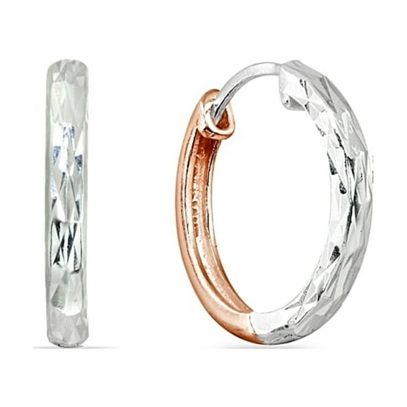 16mm Sterling Silver & Rose Polished & Diamond-Cut Oval Reversible Hoop Earrings