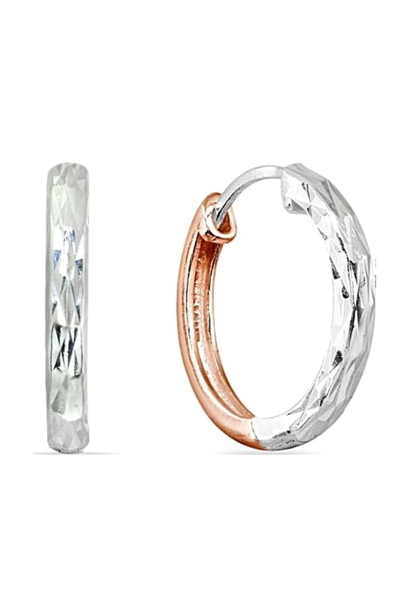 16mm Sterling Silver & Rose Polished & Diamond-Cut Oval Reversible Hoop Earrings