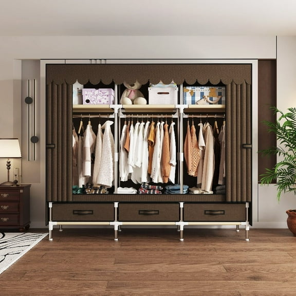 59Inch Portable Wardrobe Closet, 3 Storage Spaces with 3 Hanging Rods,3 Drawers,Steel Frame Fabric Organizer, Easy Assembly and Dust Resistant Design, Brown