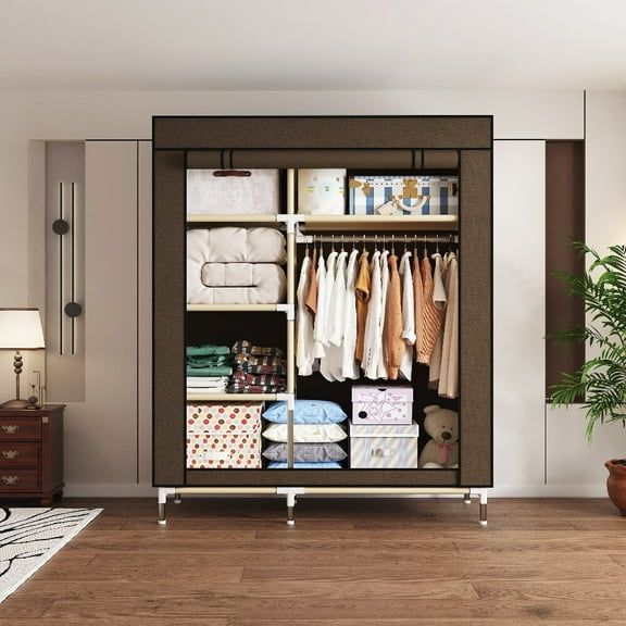 Portable Closet Organizer and Storage with 1 Hanging Rods for Hanging Clothes, 5 Wardrobe Closet Storage Shelves for Bedroom, Easy to Assemble