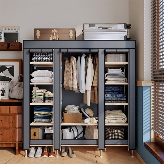 Portable Closet Organizer and Storage with 1 Hanging Rods for Hanging Clothes, 11 Wardrobe Closet Storage Shelves for Bedroom, Easy to Assemble, Gray