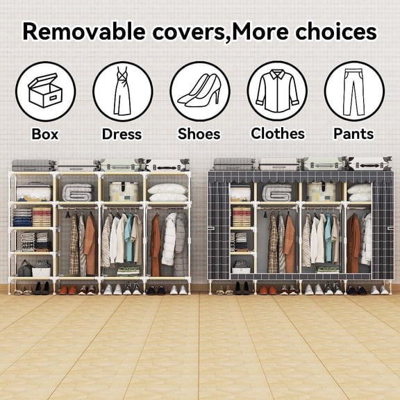 ArluKin 78.74Inch Portable Wardrobe Closet, 7 Storage Spaces with 3 Hanging Rods,Steel Frame Fabric Organizer, Easy Assembly and Dust Resistant Design, Gray