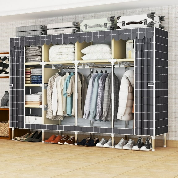 78.74Inch Portable Wardrobe Closet, 7 Storage Spaces with 3 Hanging Rods,Steel Frame Fabric Organizer, Easy Assembly and Dust Resistant Design, Gray