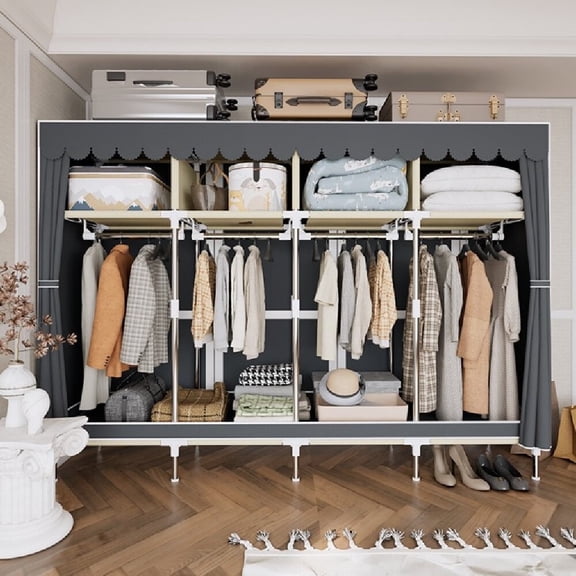 ArluKin 78.74Inch Portable Wardrobe Closet, 4Storage Spaces with 4 Hanging Rods,Steel Frame Fabric Organizer, Easy Assembly and Dust Resistant Design, Gray