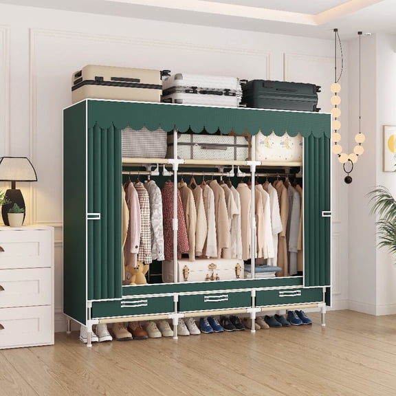 ArluKin 66.9Inch Portable Wardrobe Closet, 3 Storage Spaces with 3 Hanging Rods,3 DrawersSteel Frame Fabric Organizer, Easy Assembly and Dust Resistant Design,green