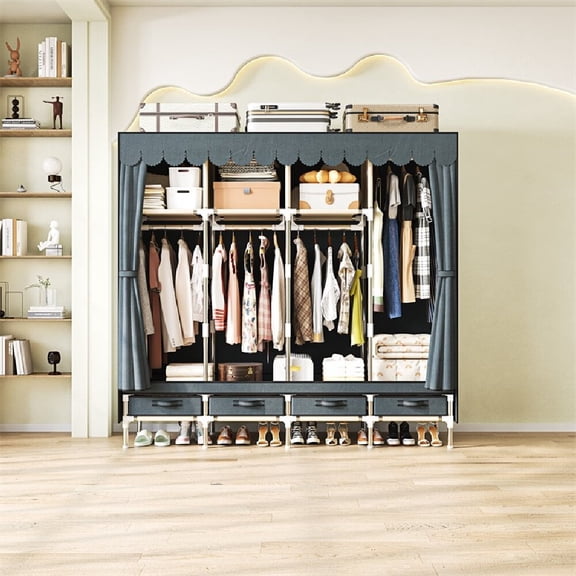 16mm galvanized steel - Portable wardrobe storage organization wardrobe, 4 hanging rods,4 drawers, bedroom, dormitory, apartment, multi-functional storage, non-woven fabric, easy to assemble