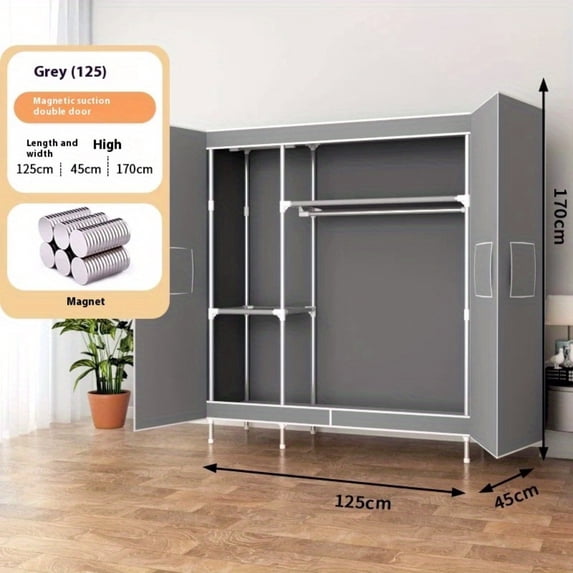 A Wardrobe with Magnetic Double Doors, Featuring Thick Panels Held by Magnets, 19Mm Steel Pipes,  Load Capacity, Elevated Kickboards, in Mixed Colors, Suitable for Bedrooms And Rental Properties