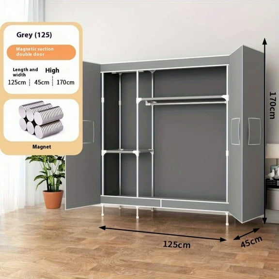 A Wardrobe with Magnetic Double Doors, Featuring Thick Panels Held by Magnets, 19Mm Steel Pipes, Load Capacity, Elevated Kickboards, in Mixed Colors, Suitable for Bedrooms And Rental Properties