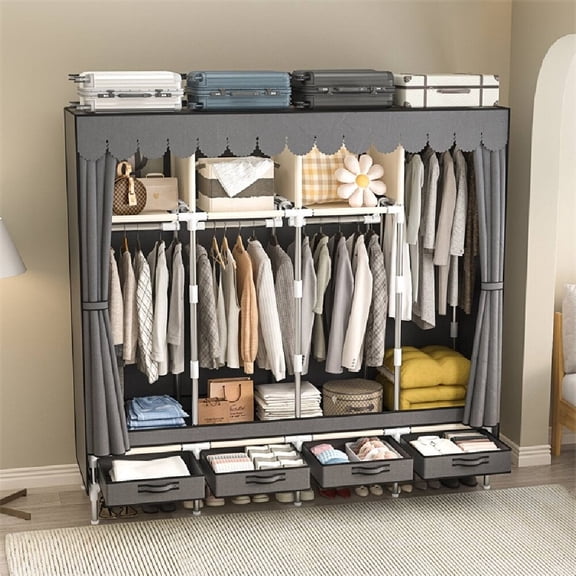 66.9Inch Portable Wardrobe Closet, 3 Storage Spaces with 4 Hanging Rods,4 DrawersSteel Frame Fabric Organizer, Easy Assembly and Dust Resistant Design, Gray