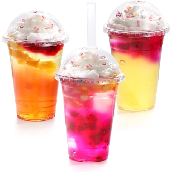 [16oz-100set Plastic Cups with Dome lids Clear, Iced Coffee, Smoothie, Juice, Soda, Cocktail and Party Cups