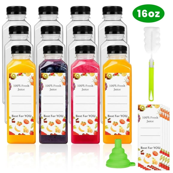 Xueyu 12pcs 16oz Plastic Juice Bottles, Reusable and Take Out Juice Containers with Caps and Labels, Leak proof, Clear Juice Containers with Juicing, Smoothie and Other Beverages