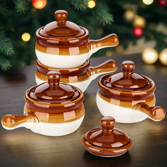 16oz/420ml Porcelain Soup Bowls With Extended Handle, 4-peice French Onion Soup Crocks With Lid, Serving Bowls For Chili, Beef Stew, Cereal, Pot Pies, Lasagna, Microwave/oven-safe