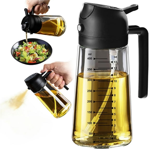 16oz/470ml Glass Olive Oil Sprayer for Cooking 2 in 1 Olive Oil Dispenser Bottle for Kitchen Gadgets and Air Fryer Accessories, Salad, BBQ - Black