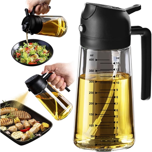16oz/470ml Glass Olive Oil Sprayer for Cooking 2 in 1 Olive Oil Dispenser Bottle for Kitchen Gadgets and Air Fryer Accessories, Salad, BBQ - Black